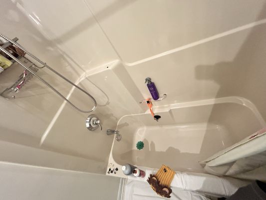 Bathroom prepared for in-home dog grooming, with a bathtub set up with pet grooming products, towels, and bathing supplies.