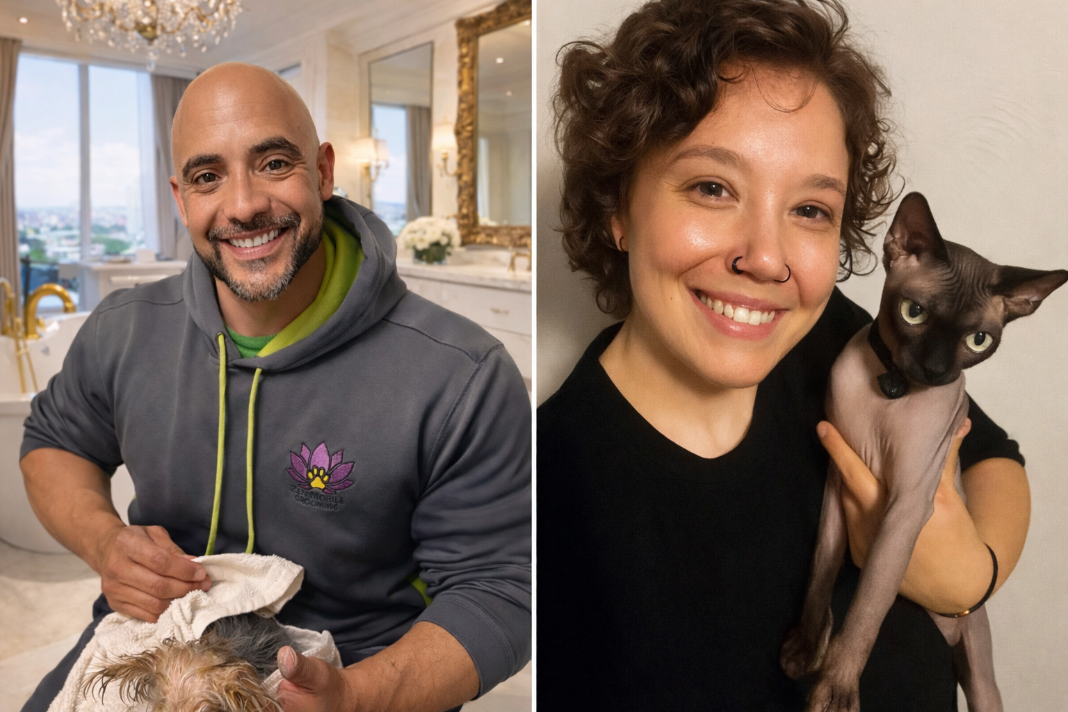 ide-by-side portrait of the owners of Zen Mobile Grooming—one gently towel-drying a small dog in a bright, elegant bathroom, the other smiling while holding a Sphynx cat—showcasing calm, in-home pet care and trusted hands-on grooming