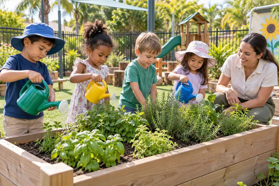 Children watering herbs in a raised garden with their teacher