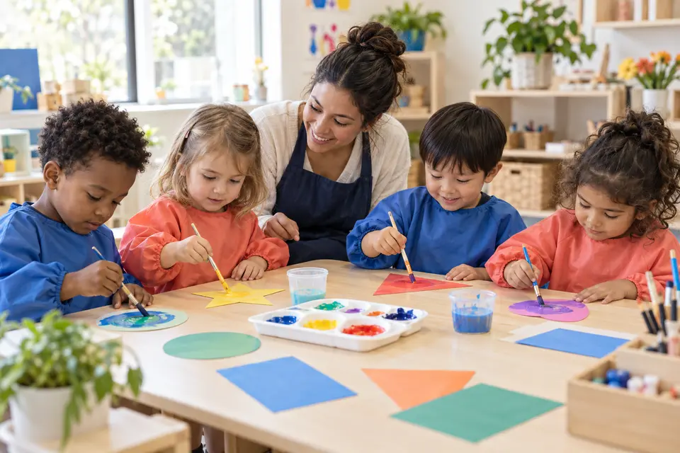Preschool children painting colorful paper shapes at an art table