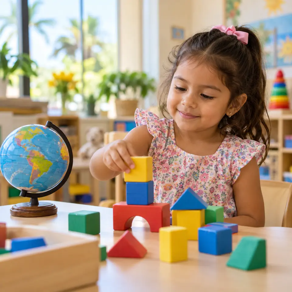 A preschool child exploring colorful learning blocks beside a classroom globe