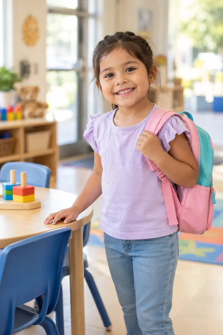 A smiling child arriving at a bright early-learning classroom