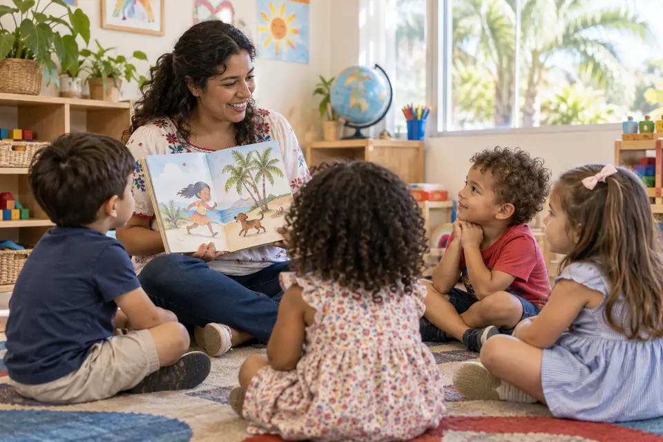 Teacher reading a picture book to a preschool group during story circle