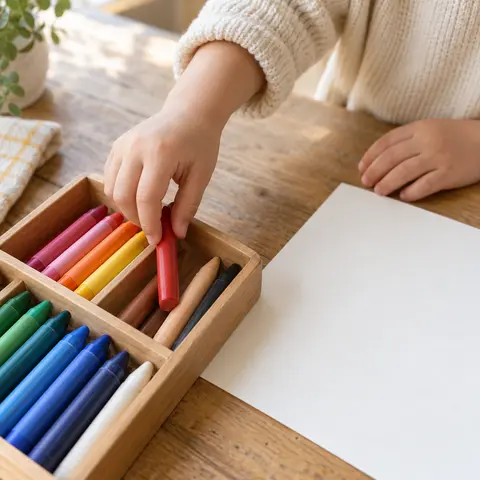 A child selecting colorful crayons for an art activity