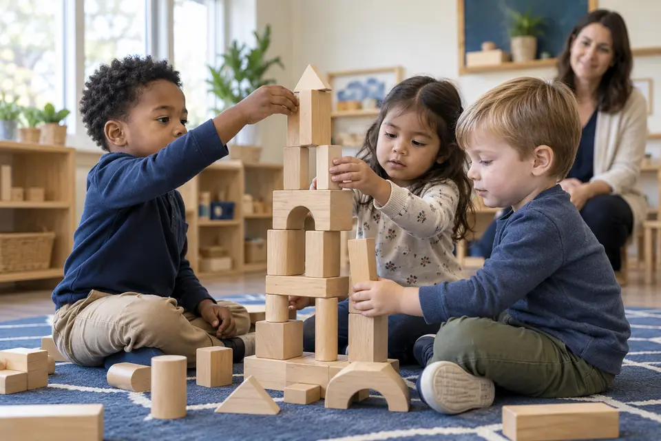 Three preschool children collaborating on a wooden block tower