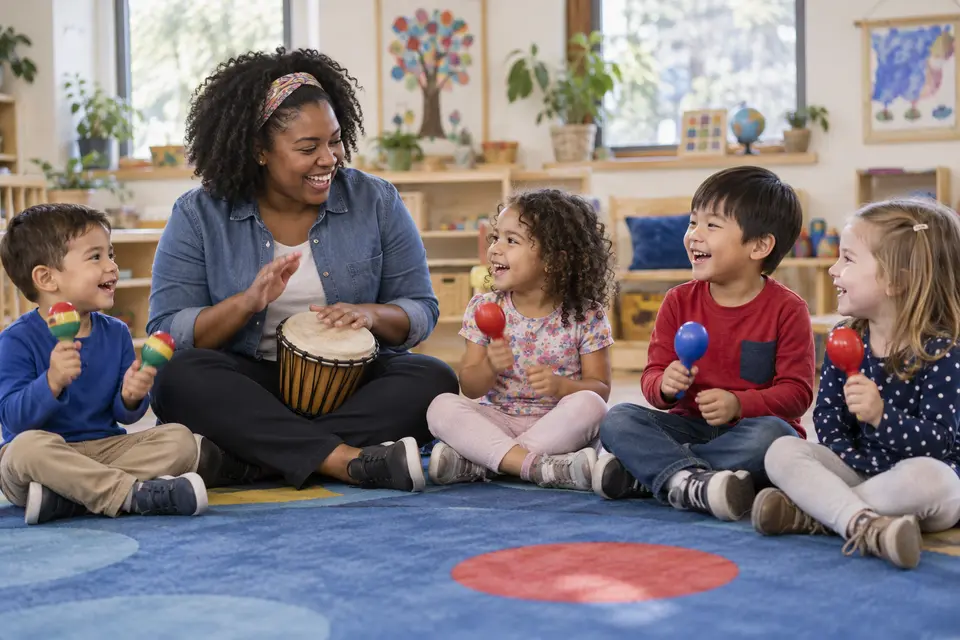 Teacher and preschool children making music with rhythm instruments