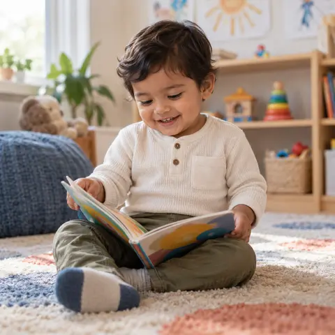 A toddler looking through a colorful picture book