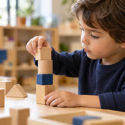 A preschool child carefully stacking wooden blocks