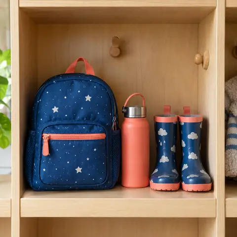 An organized preschool cubby with a backpack and bottles