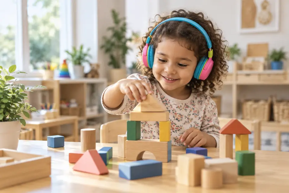 A preschool child using colorful blocks during a guided classroom activity