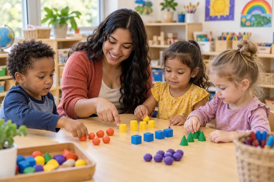 Teacher guiding preschool children through an early math activity