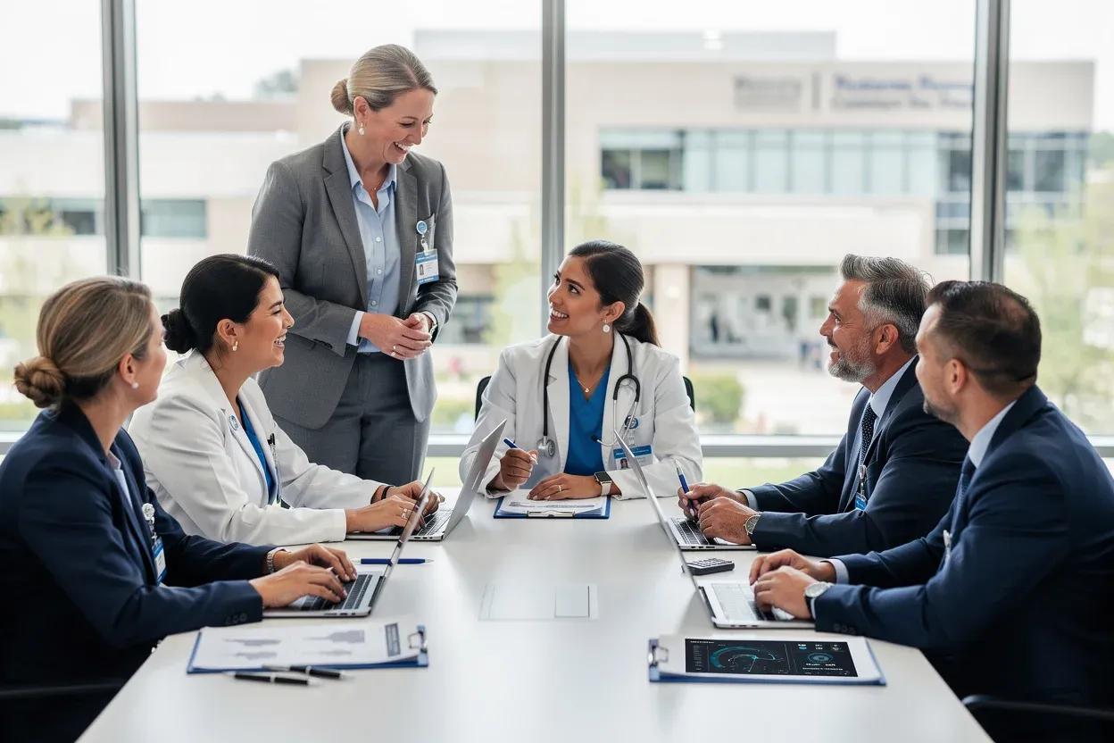 Healthcare professionals reviewing supplier contracts and discussing product adoption and healthcare supply chain decisions.
