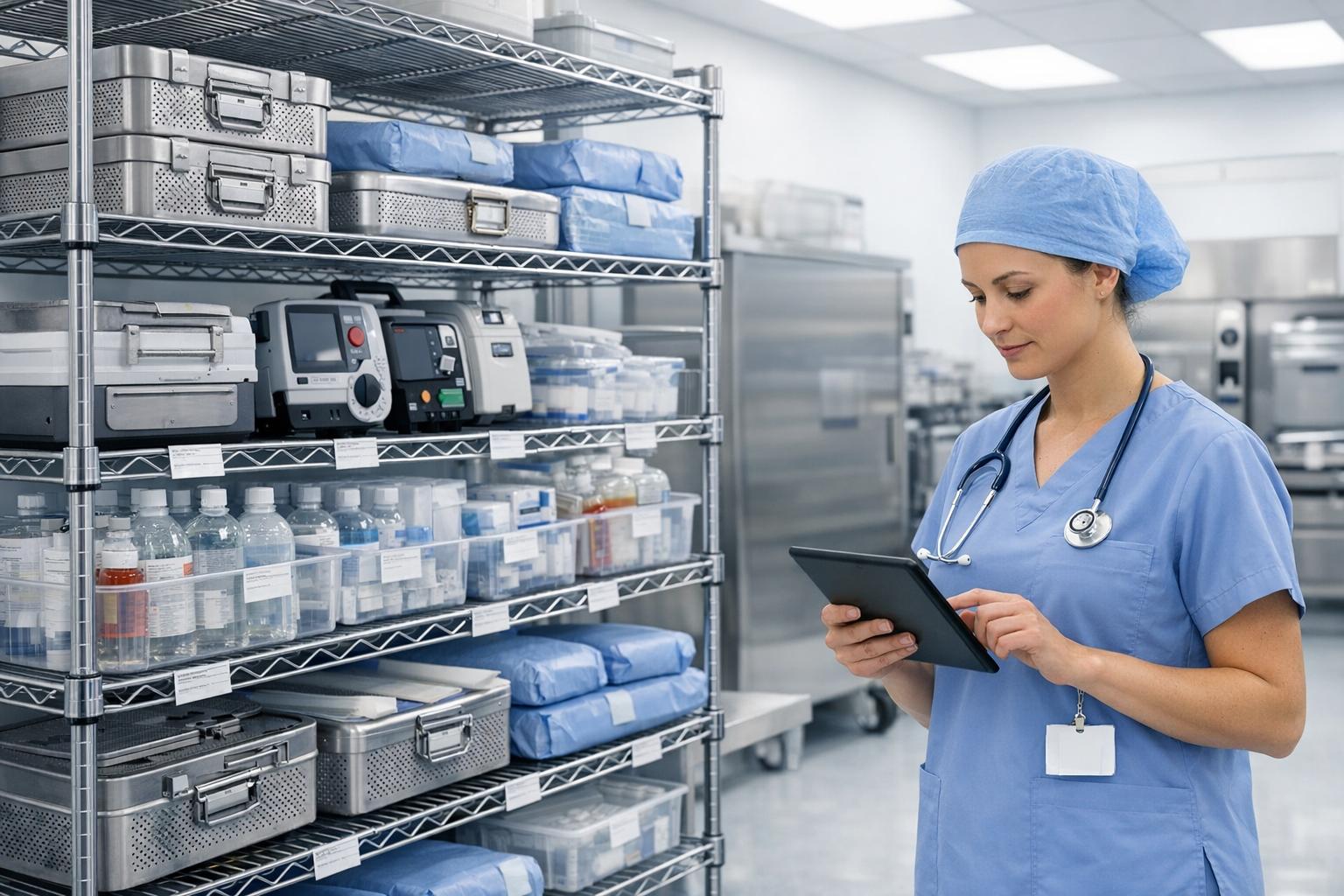 Healthcare professional managing medical supplies and inventory during a hospital product conversion.