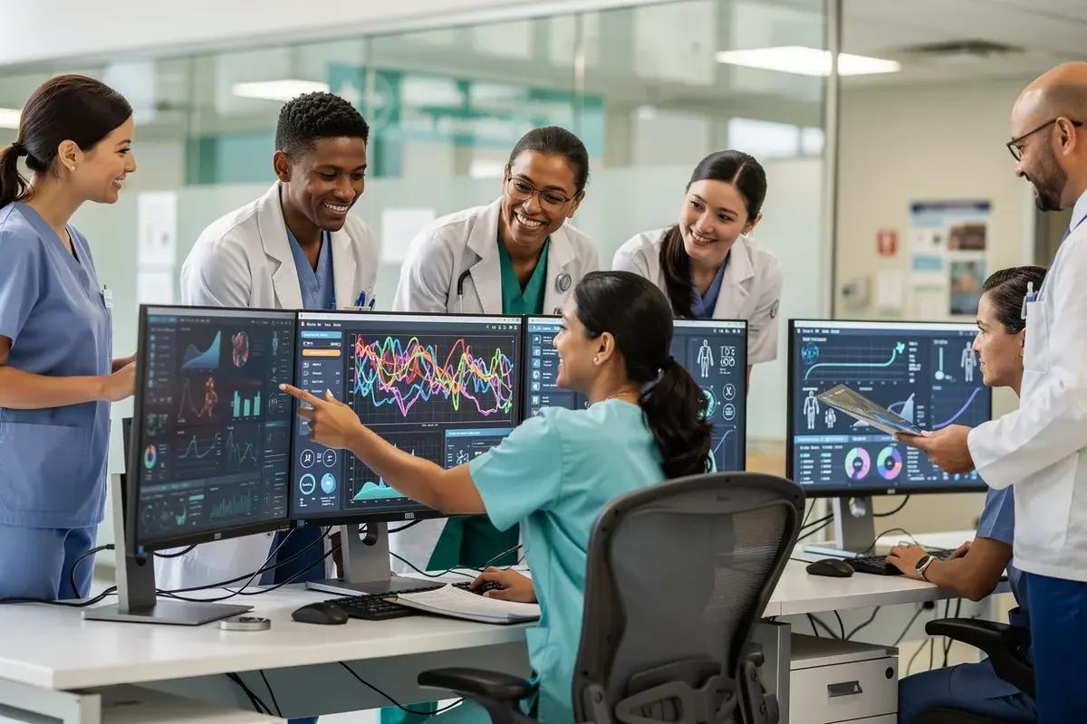 Healthcare professionals collaborating around a laptop to evaluate information and support data-informed healthcare decisions. Healthcare professionals collaborating around a laptop to evaluate information and support data-informed healthcare decisions.