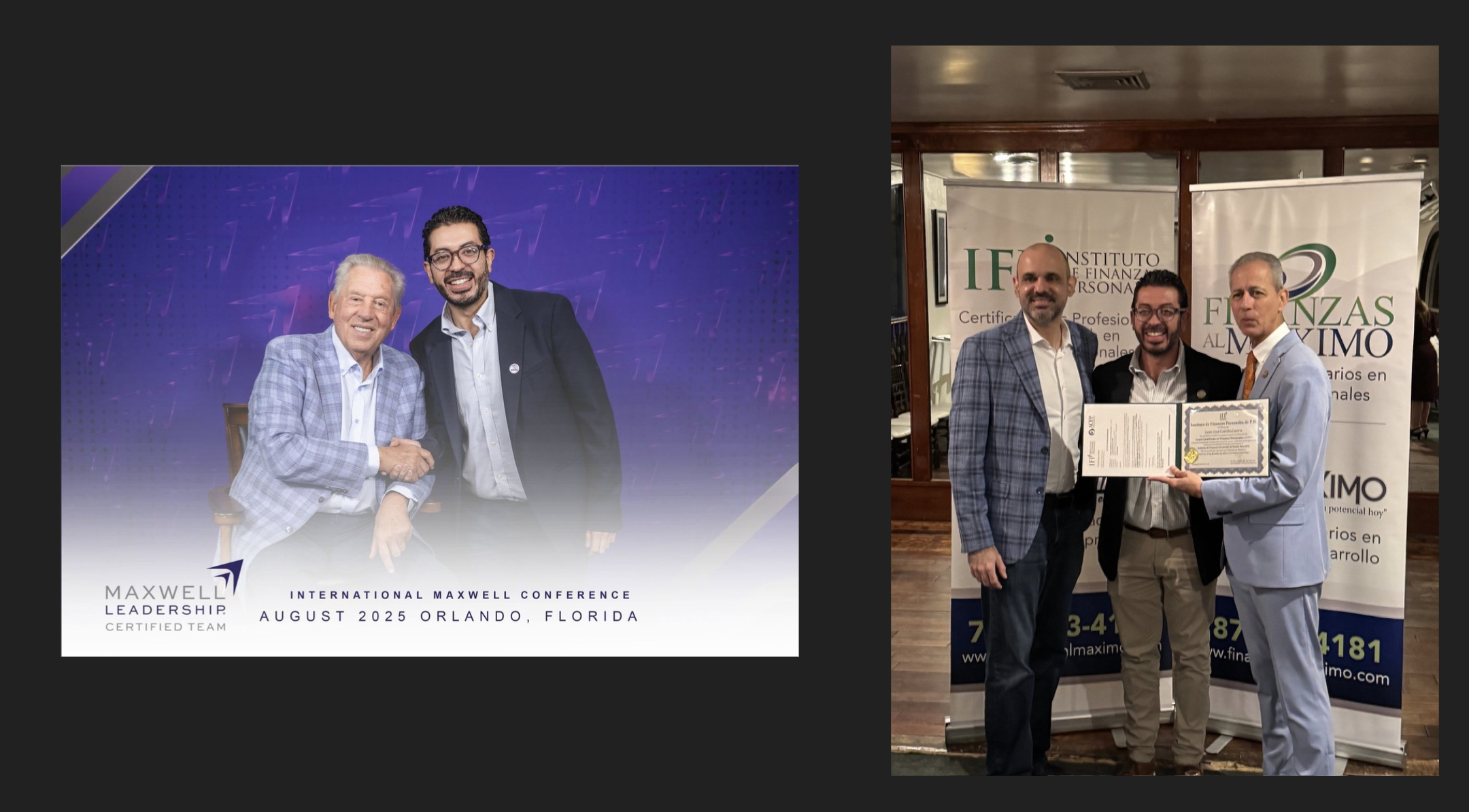 Juan Jose Castillo junto a John Maxwell y recibiendo diploma del Instituto de Finanzas Personales