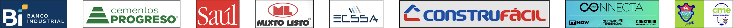 Logos de clientes: Banco Industrial, Cementos Progreso, Saul, Mixto Listo, ECSSA, Construfacil, B2B Connecta, Municipalidad CME
