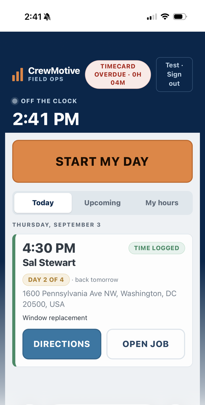 CrewMotive Field Ops crew app showing today's job schedule with a one-tap start the day button