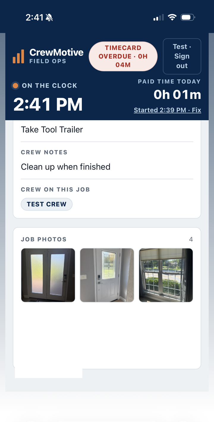 CrewMotive Field Ops job screen showing crew notes and job photos captured from the field