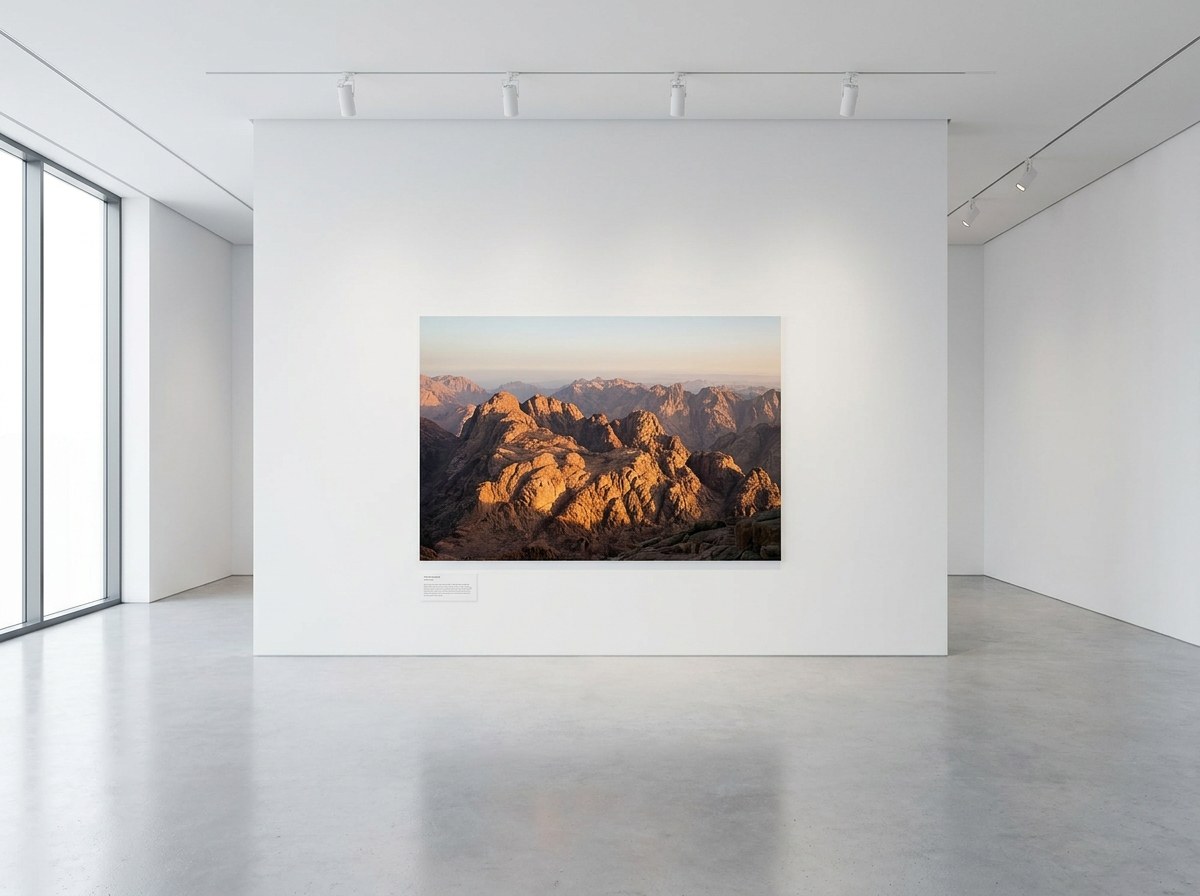 A SFMOMA-style museum gallery interior — pure white walls, pale oak plank floor, museum spotlight bar above, one large matted misty seascape print in a thin black gallery frame, a cream-cushioned modern bench in the foreground.