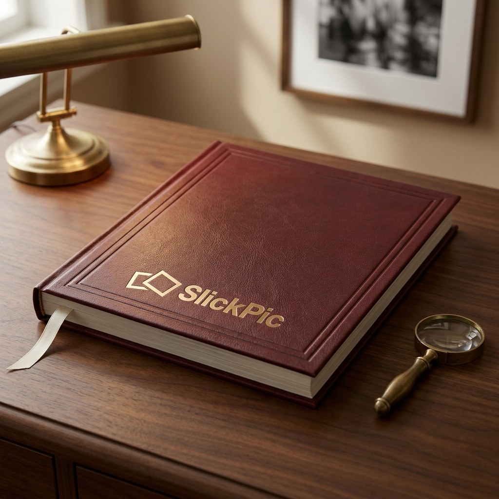 A SlickPic photography monograph in oxblood leather with gold-foil logo, beside a brass loupe and library lamp.