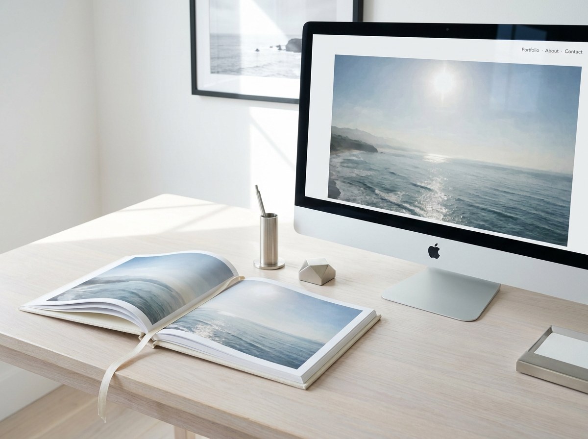 A pale oak desk in bright cool daylight — an open cream-cover photobook with a coastal seascape spread on the left, an iMac on the right displaying the same seascape filling a portfolio site, brushed-nickel desk accessories, framed black-and-white print on the white wall behind.