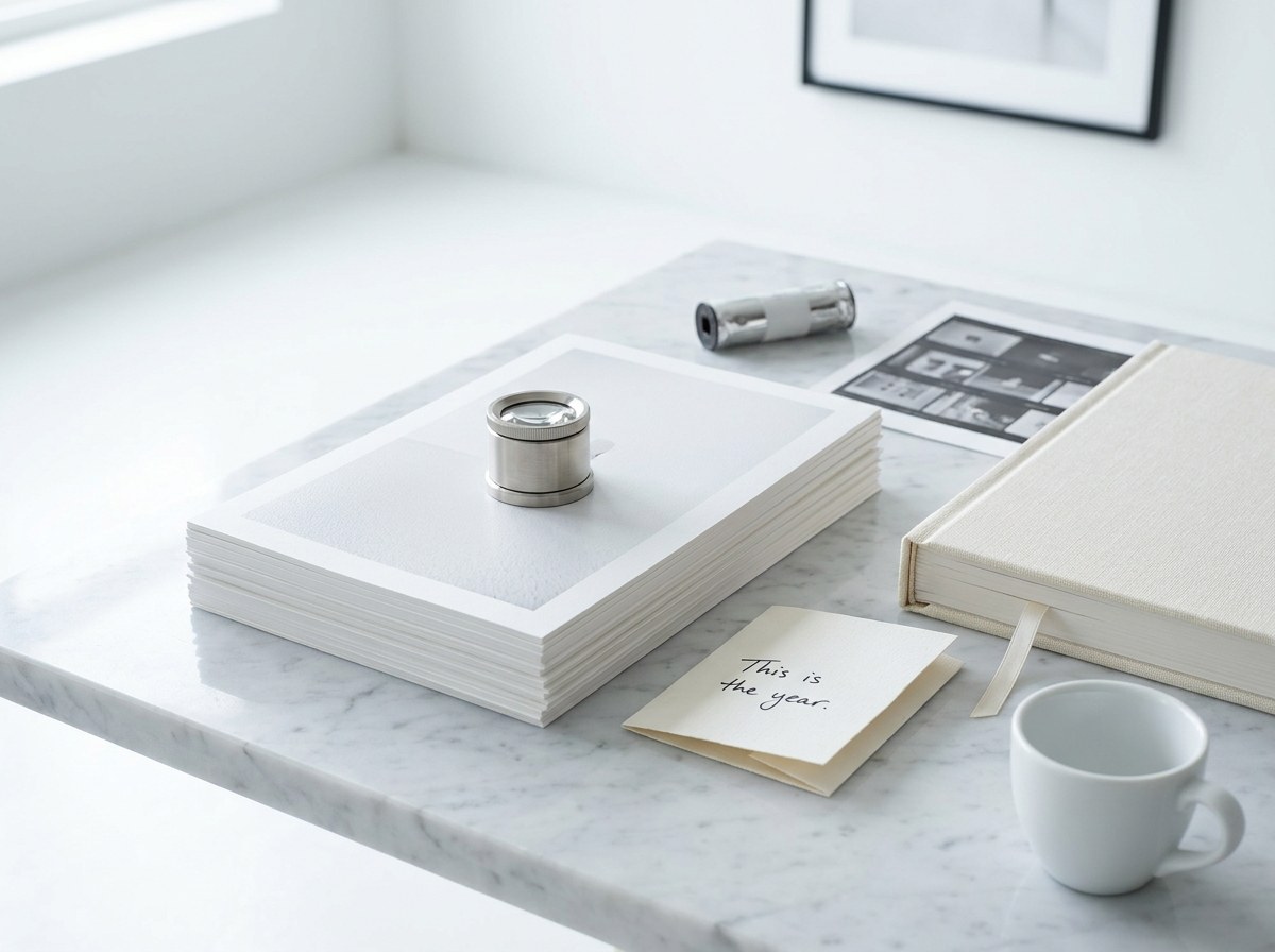 A Carrara marble surface in bright cool daylight — a neat stack of photographic prints all placed face-down, a brushed-nickel loupe resting on top, a cream-linen photobook, a contact sheet, a film canister, and a cream Post-It with 'This is the year.' handwritten in dark ink.