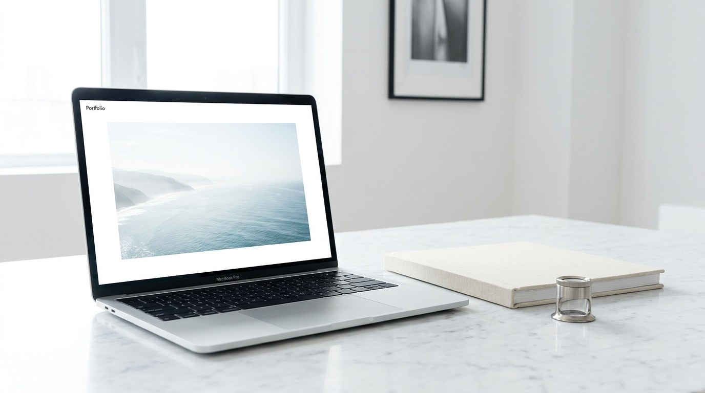 A photographer's portfolio site on a MacBook on a Carrara marble surface in bright cool daylight, with a cream-linen photobook, brushed-nickel loupe, and a framed black-and-white print on a white wall.
