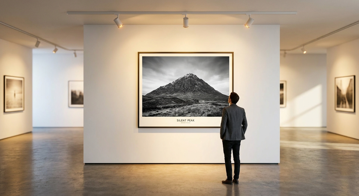 A photographer stands alone before a large fine-art landscape print hung in a quiet white gallery, lit from above.