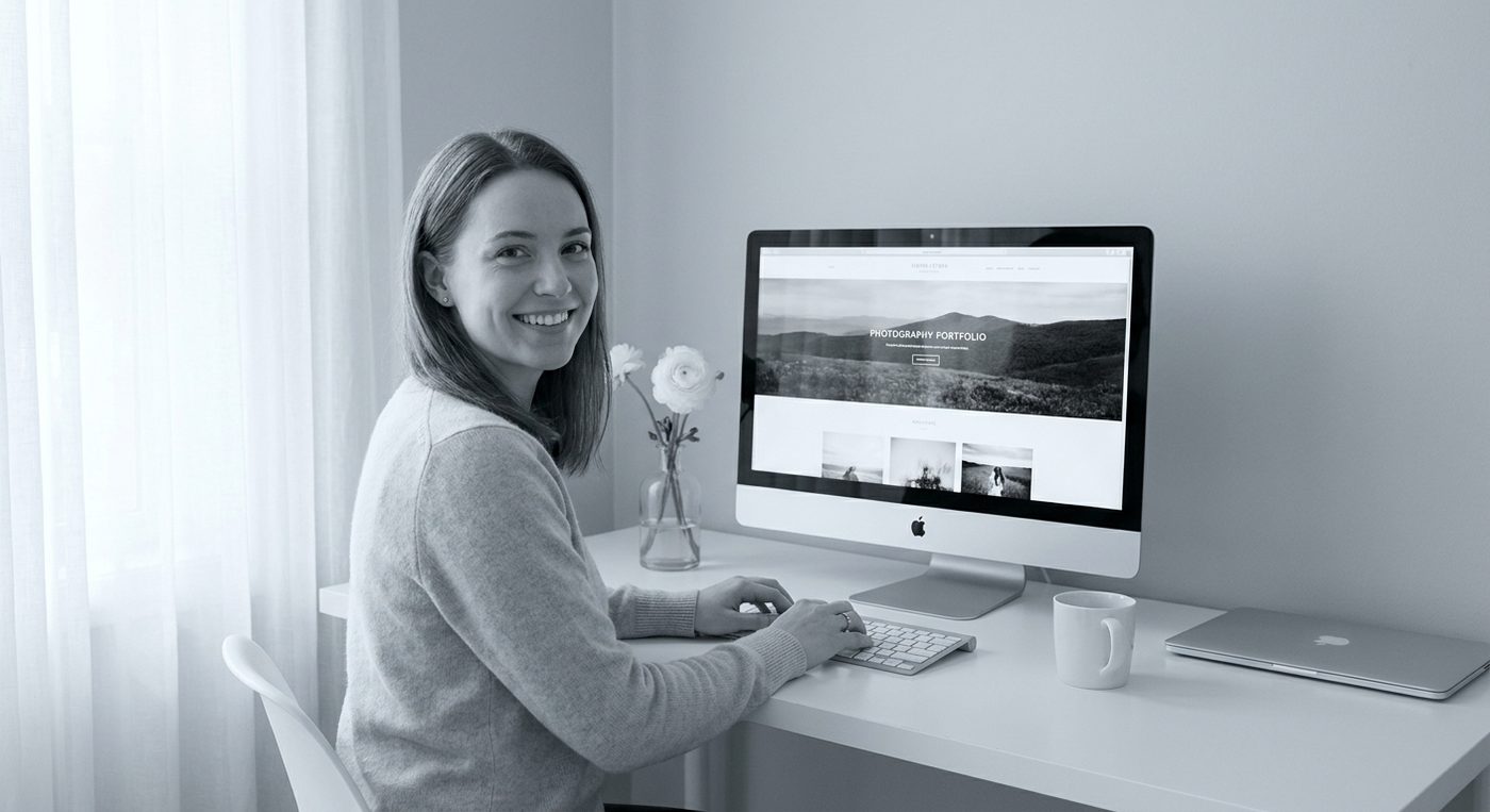 A support team member at a bright desk, a photography portfolio open on her display.