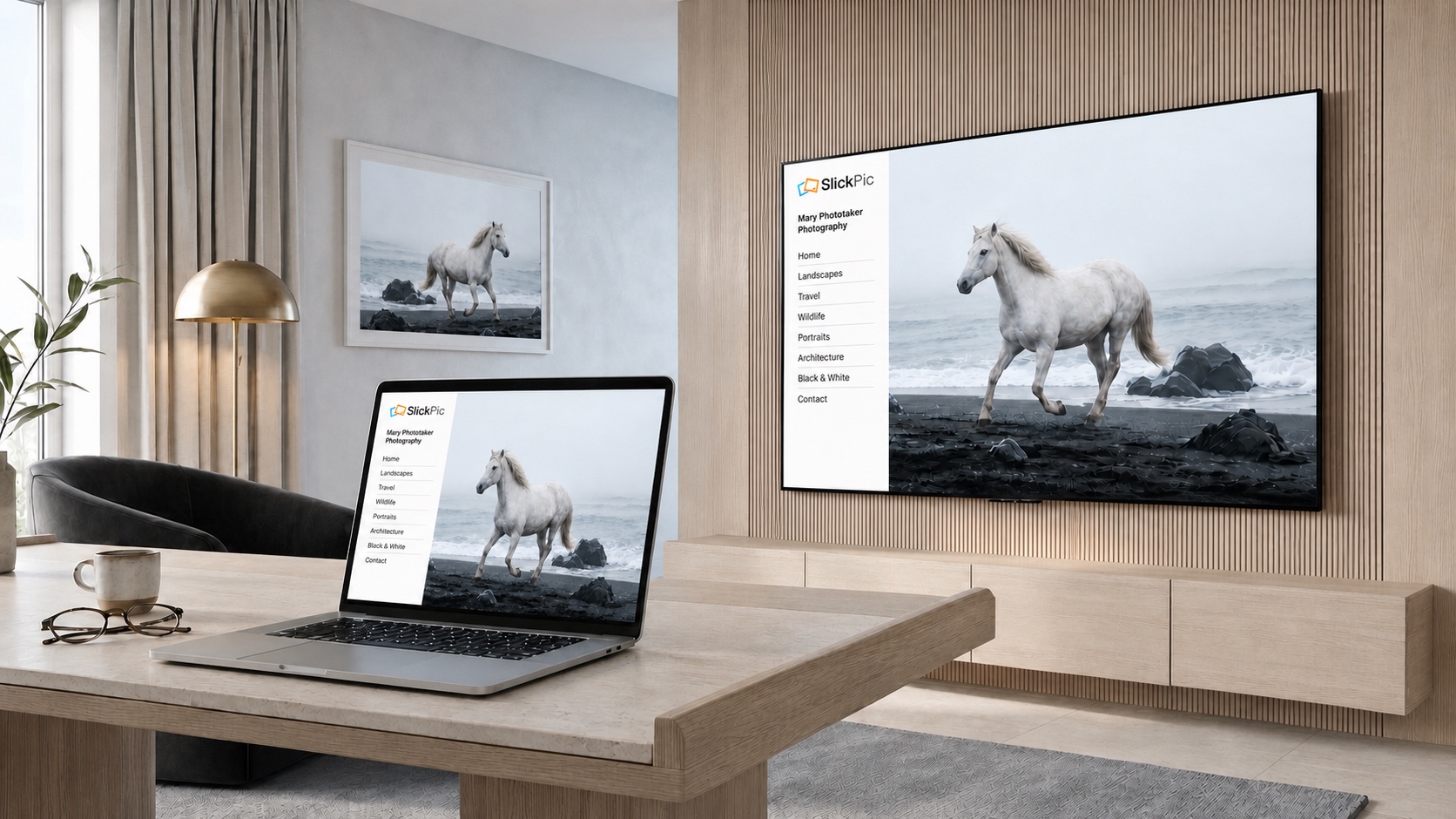 One landscape photograph shown edge to edge and very large on a monitor in a quiet, daylit study, with nothing else competing for attention.