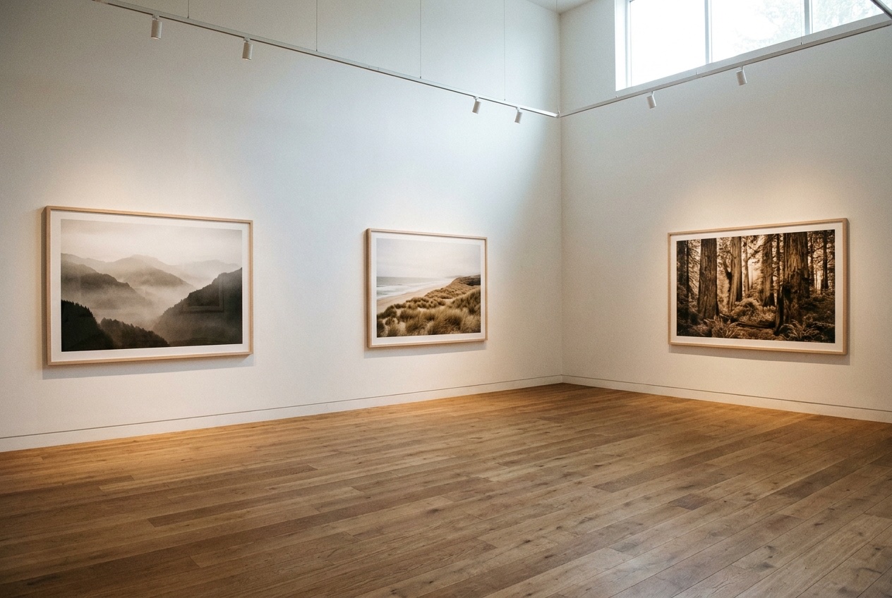 Three large framed landscape photographs hung with space around them in a quiet gallery room.