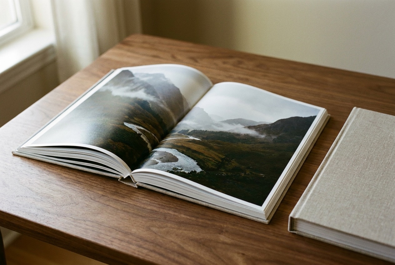 An open linen-bound photography book on a walnut table, a landscape photograph printed across both pages.