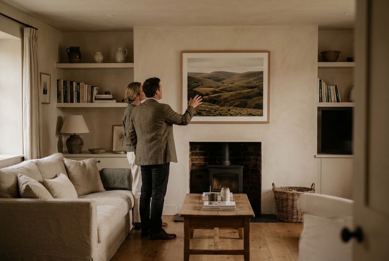 Two people standing in a living room looking up at a large framed landscape photograph, one gesturing toward it.