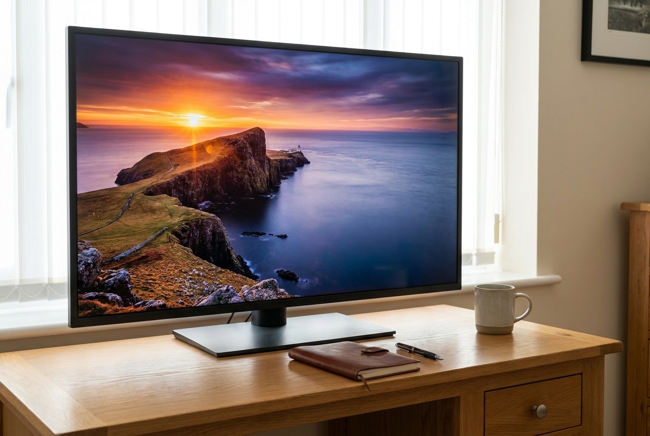 A photograph filling a large screen edge to edge, sharp and luminous, in a quiet study.