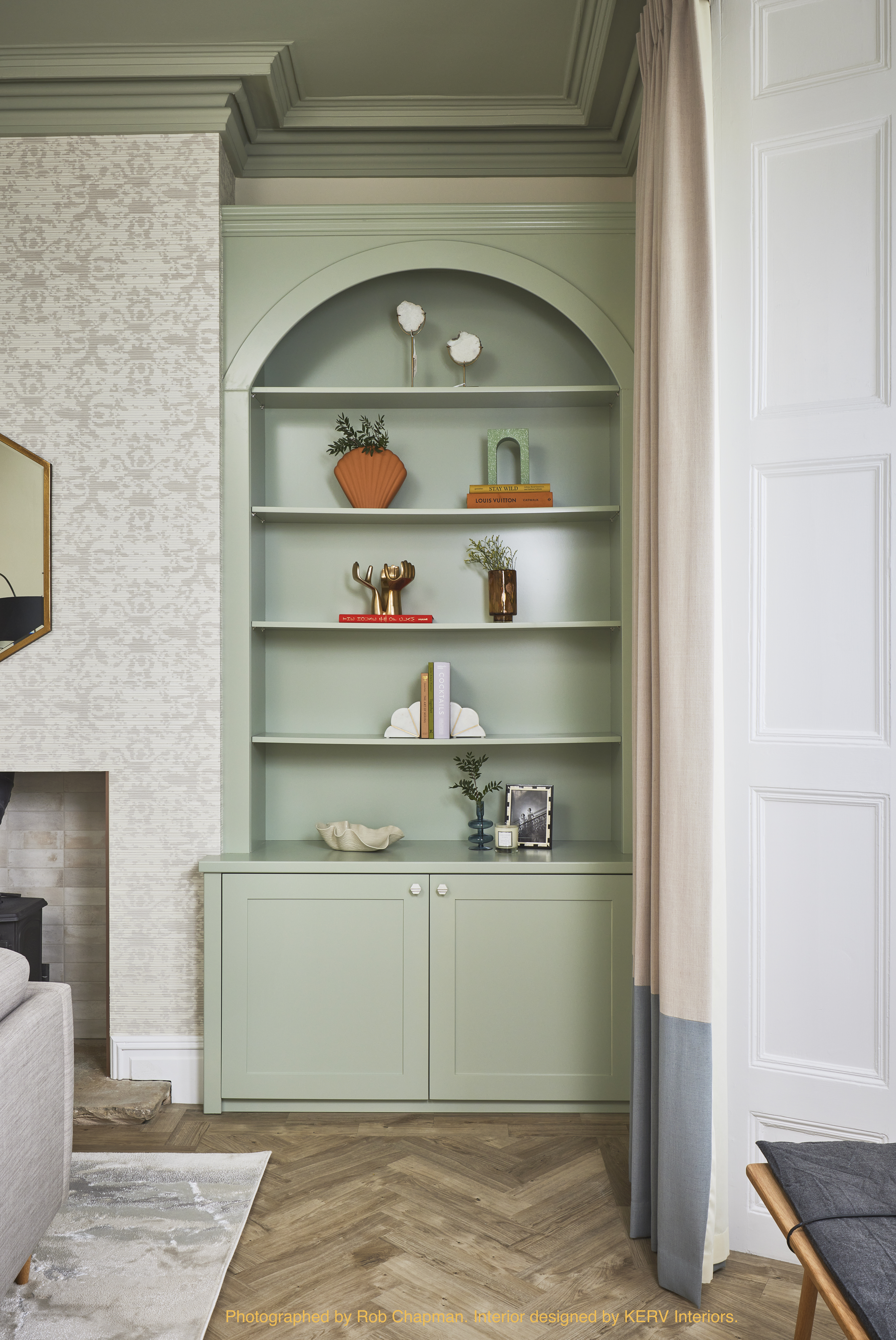Custom fitted alcove shelving and cabinetry built precisely into a period Ilkley home, by JAX Bespoke
