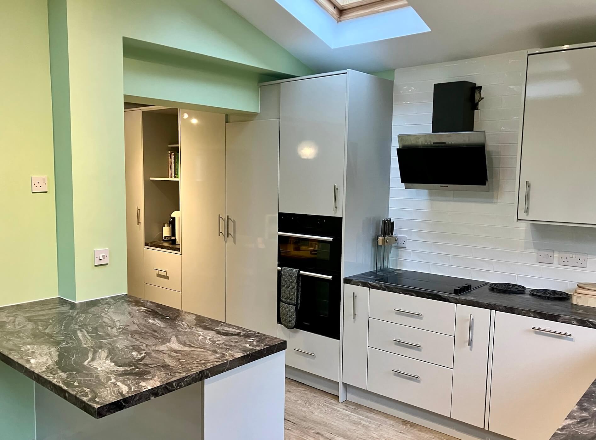 Handcrafted bespoke kitchen with painted cabinetry, individually designed and built by JAX Bespoke for a Sheffield property