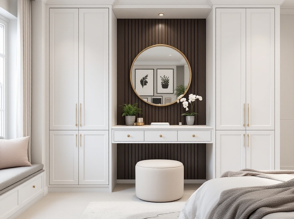 Bespoke fitted bedroom furniture with wardrobes and matching pieces designed as a cohesive scheme by JAX Bespoke