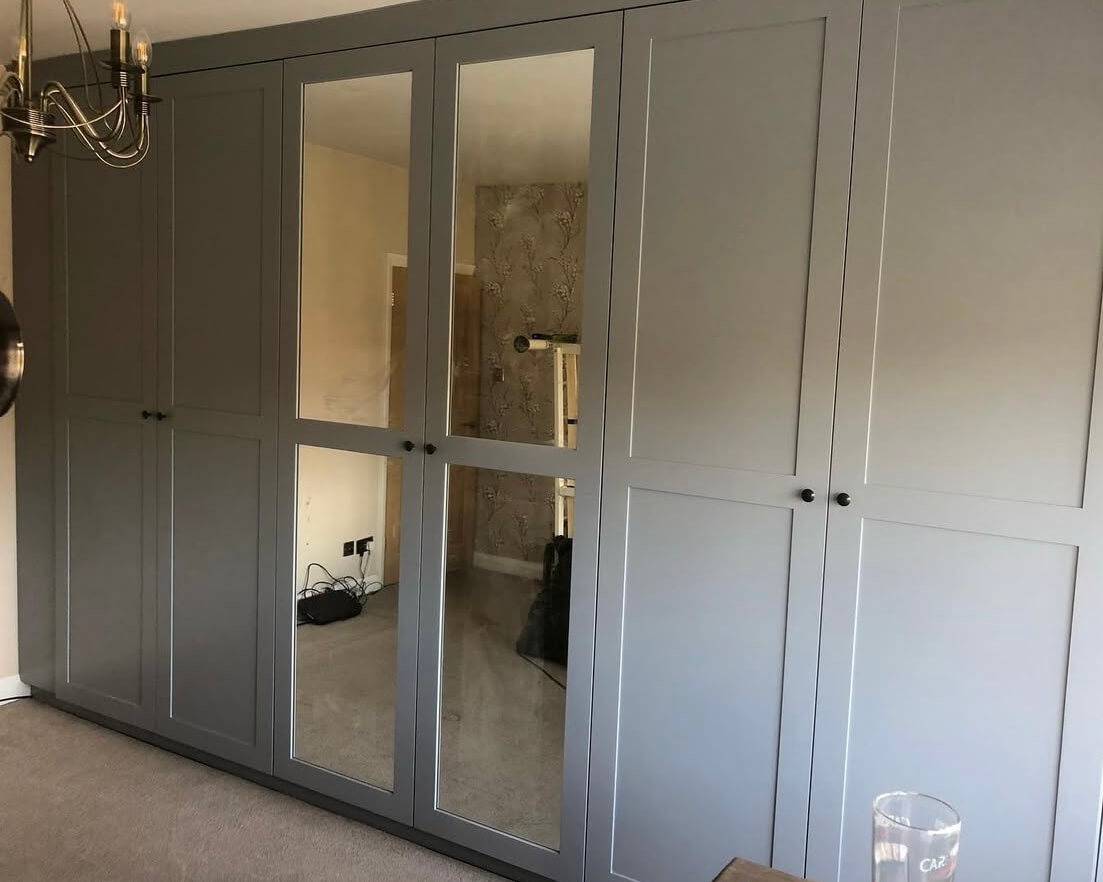 Two-panel shaker style six-door wardrobe with mirrored panels by JAX Bespoke — Fullwell, Sheffield