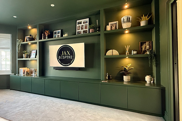 Bespoke media wall with integrated cabinetry and TV housing, by JAX Bespoke Yorkshire