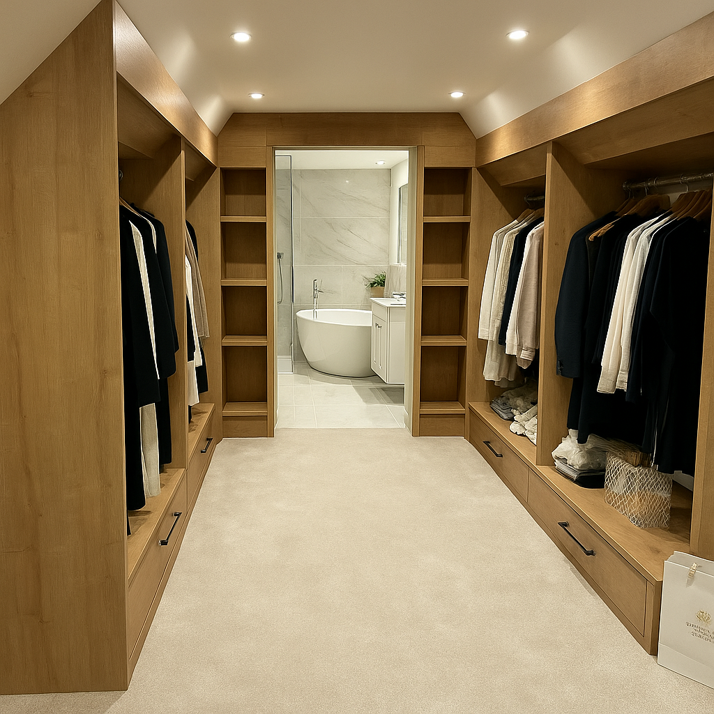 Bespoke walk-in wardrobe with open rails, shelving and drawers, designed and installed by JAX Bespoke