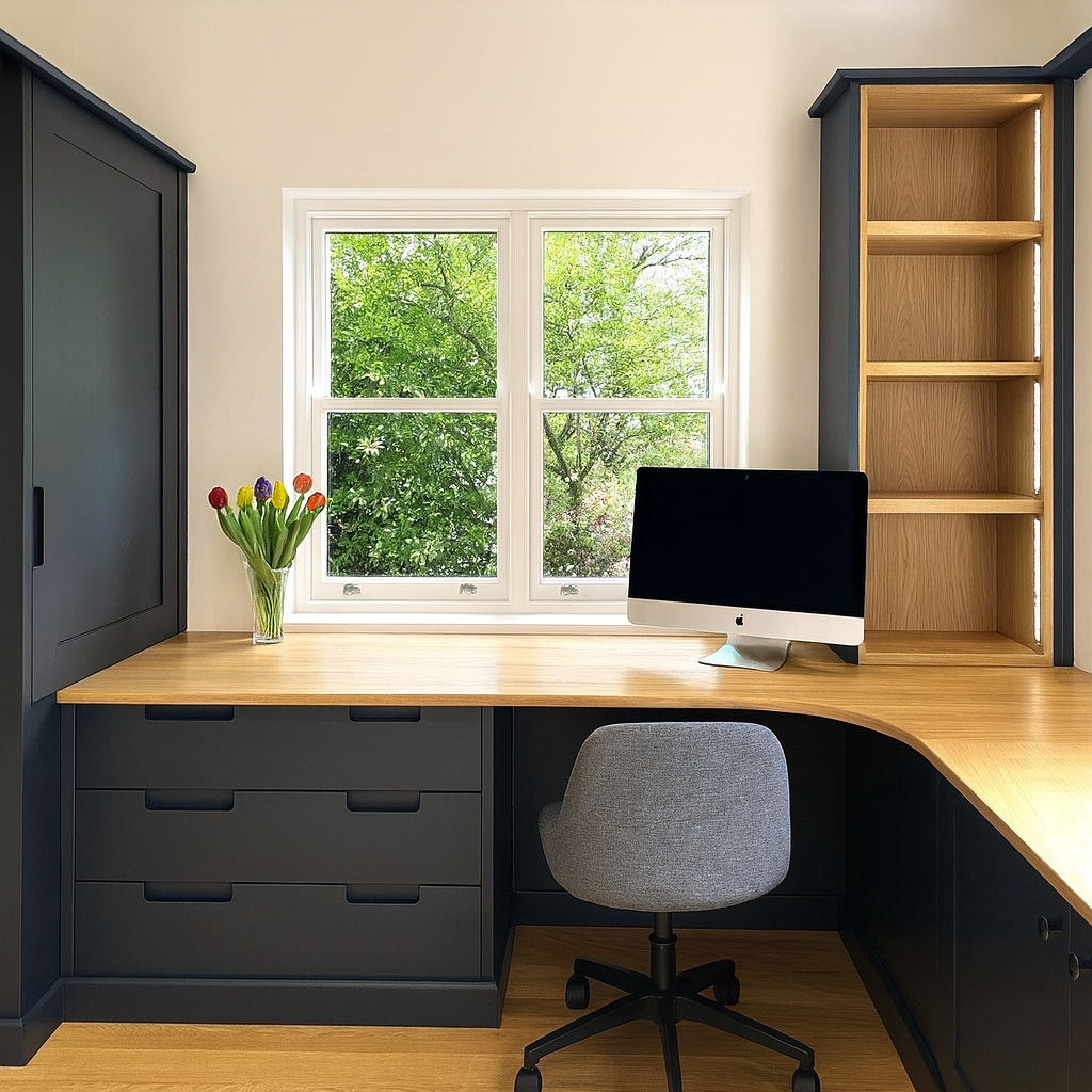 Bespoke fitted home office with integrated desk, shelving and storage, designed and built by JAX Bespoke