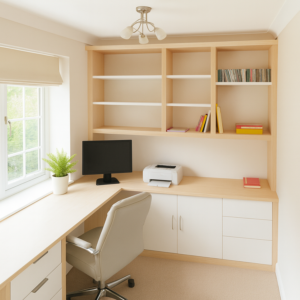 Bespoke fitted home office with integrated desk, shelving and concealed storage, designed and built by JAX Bespoke