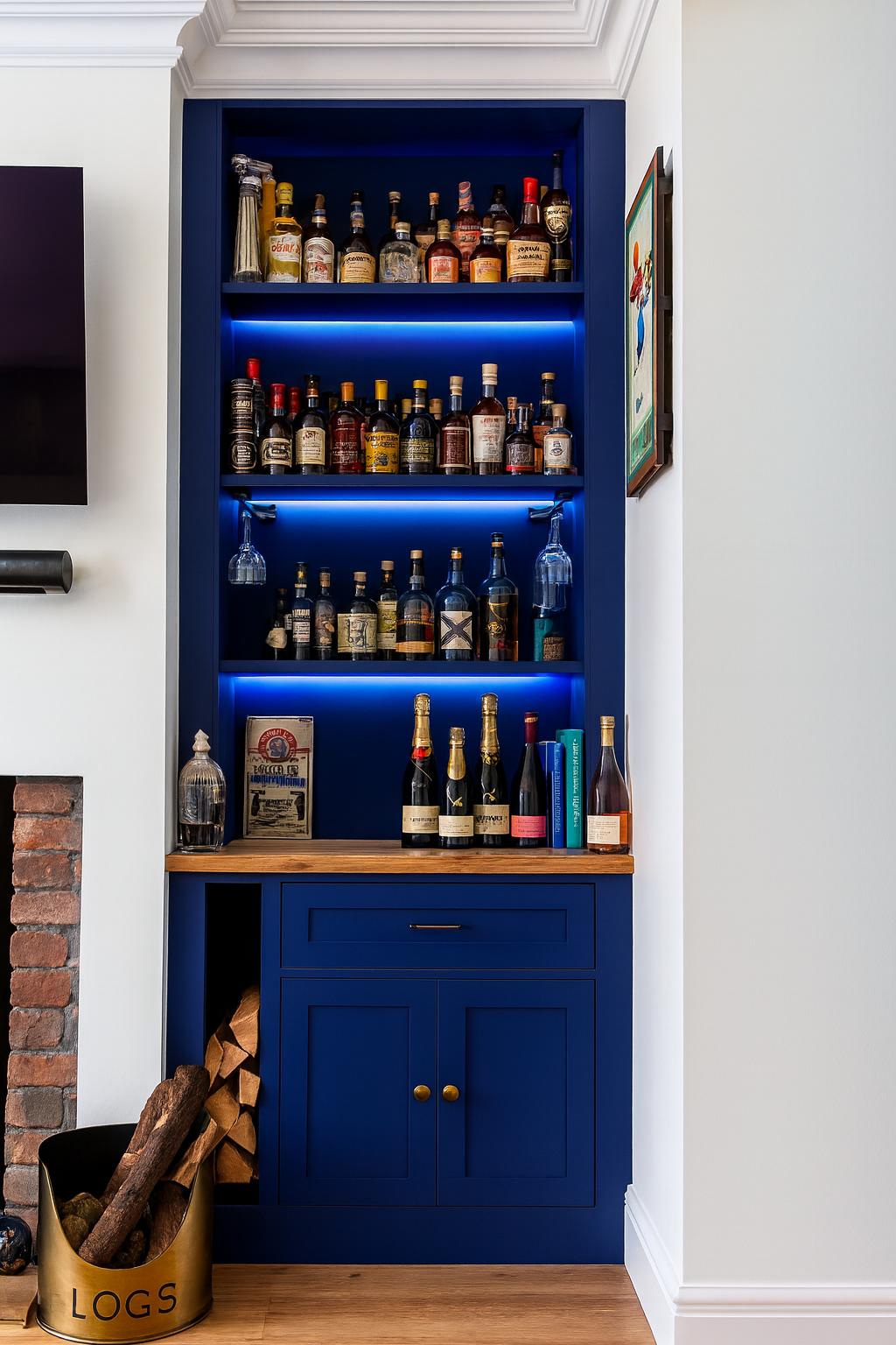 Navy fitted home bar built into an alcove beside a fireplace, with LED-lit shelving for spirits and log storage below, by JAX Bespoke