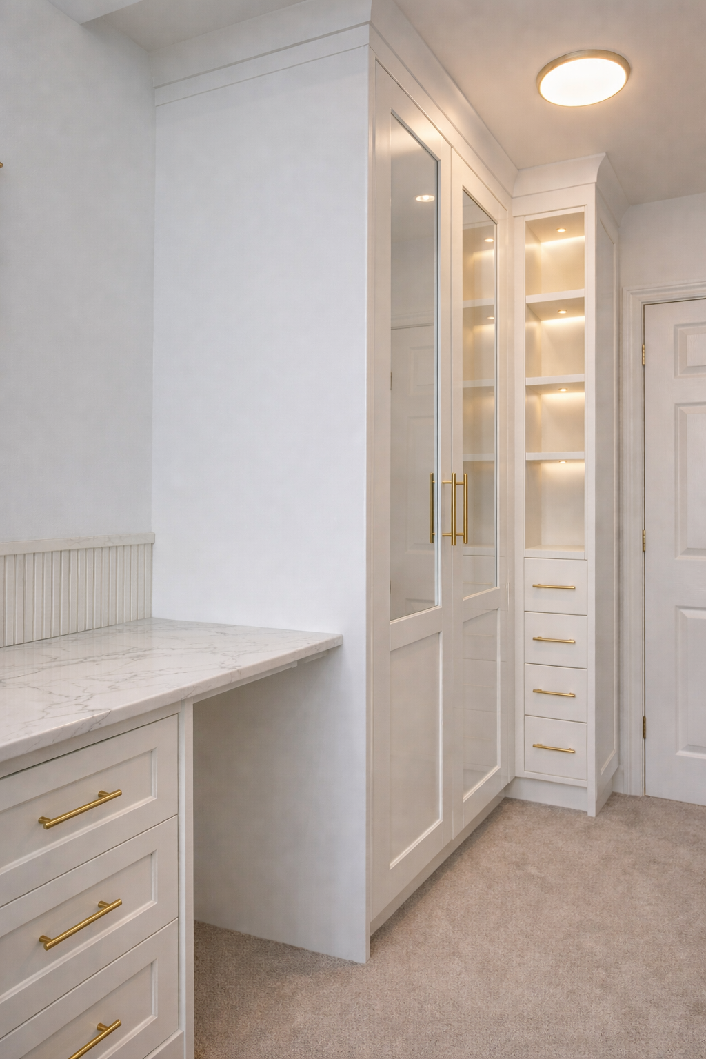 corner fitted wardrobe with glass doors and integrated dressing table bespoke bedroom storage