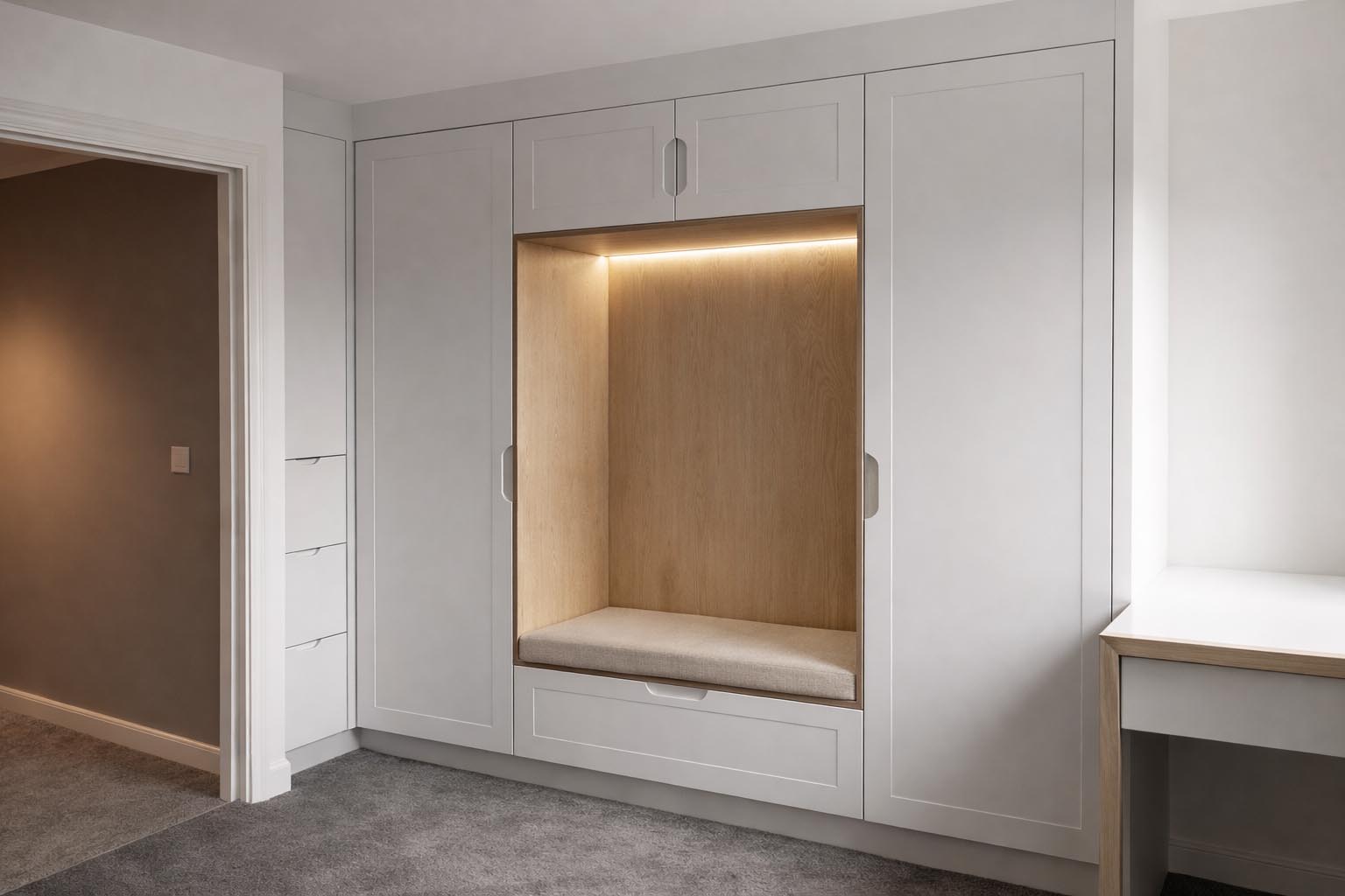 bespoke fitted wardrobe with built in seating nook and overhead storage bedroom design UK