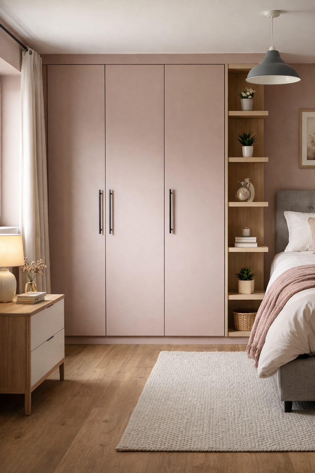 blush pink fitted wardrobe with open shelving beside bed modern bespoke bedroom storage UK