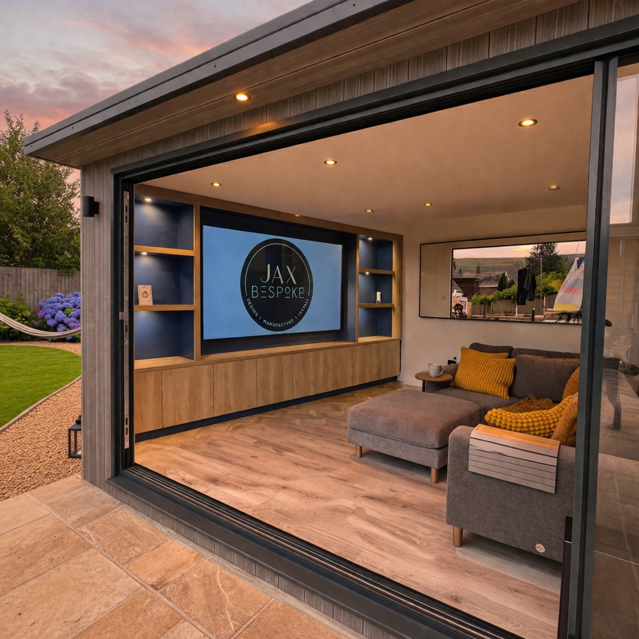 Modern garden room with bifold doors featuring a bespoke media wall with shelving, cabinetry and large screen TV opposite a corner sofa