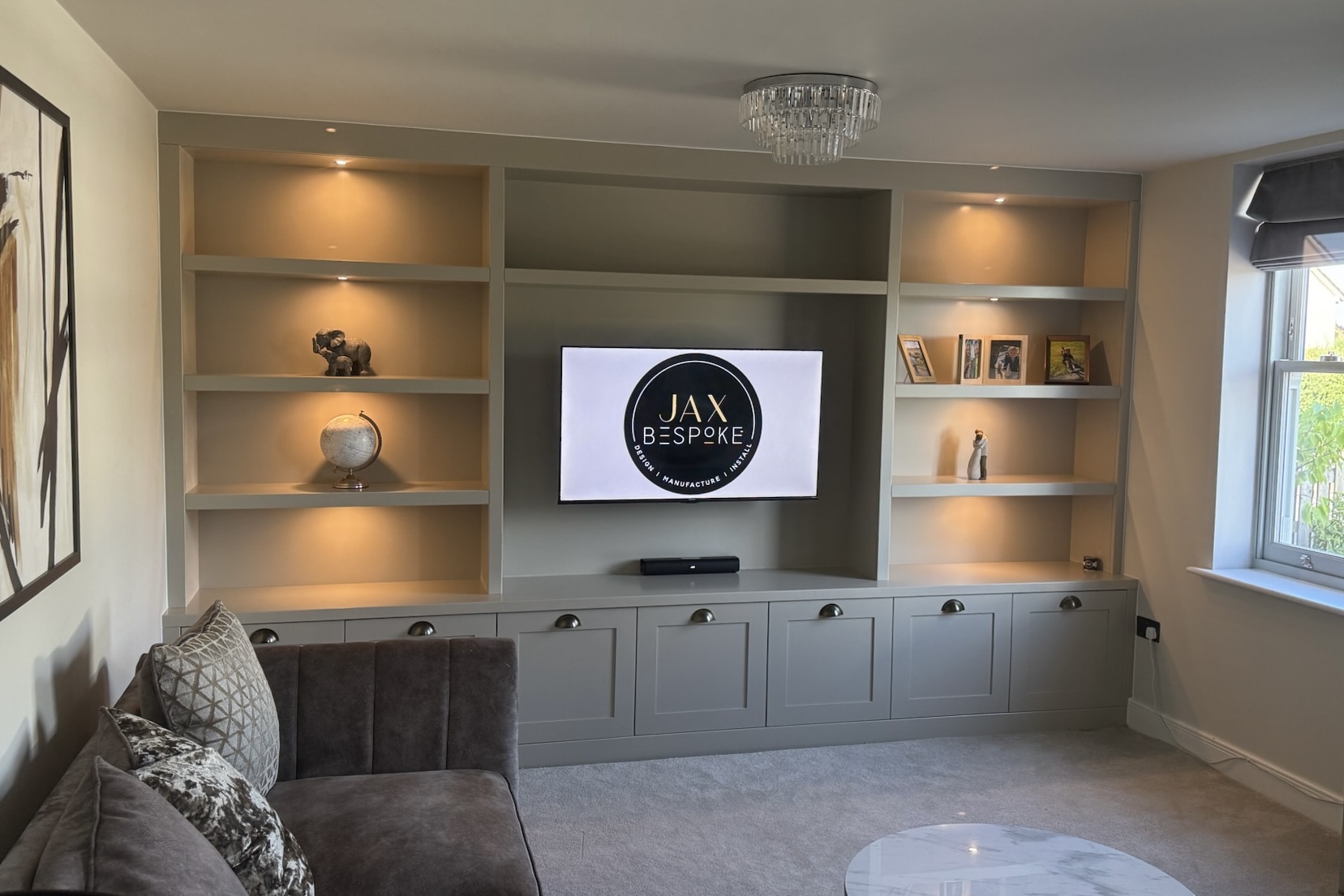 Bespoke living room cabinetry and storage with considered design, installed by JAX Bespoke