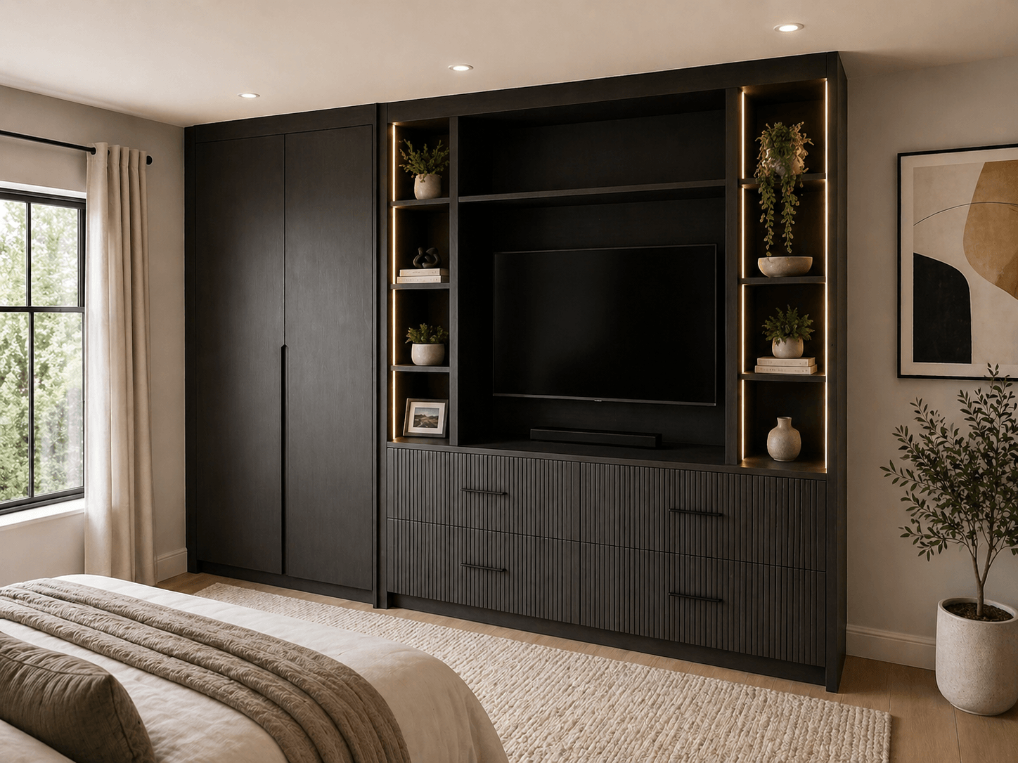 Bespoke bedroom furniture with fitted wardrobes and integrated TV, designed as a cohesive scheme by JAX Bespoke