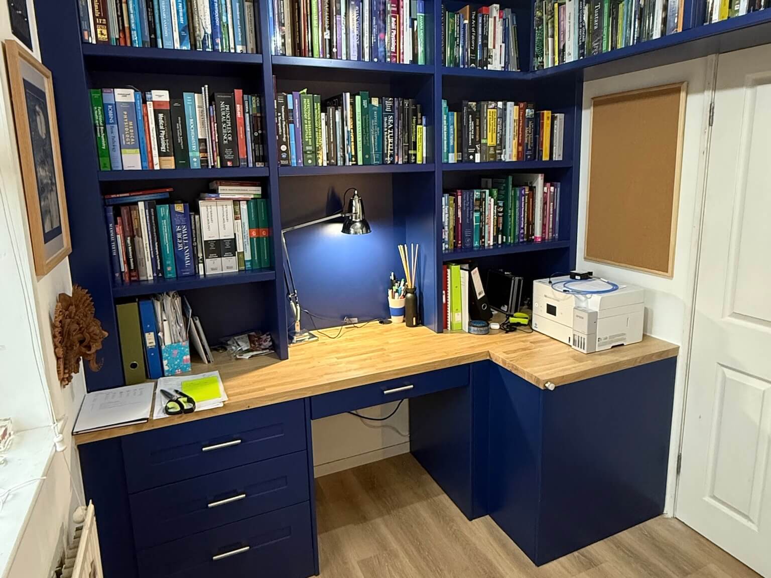 Bespoke fitted home office with integrated desk, shelving and storage, designed and installed by JAX Bespoke Yorkshire